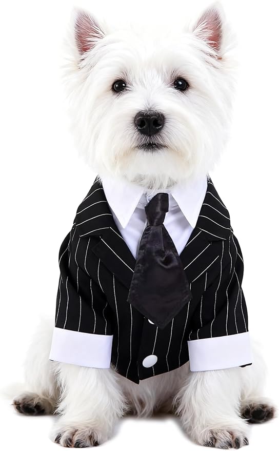 GabeFish Pets Wedding Jackets Suit for Dogs with Bow Tie Puppy Cat Formal Clothes Shirt Tuxedo (Striped, S (Chest 12.9in/33cm)