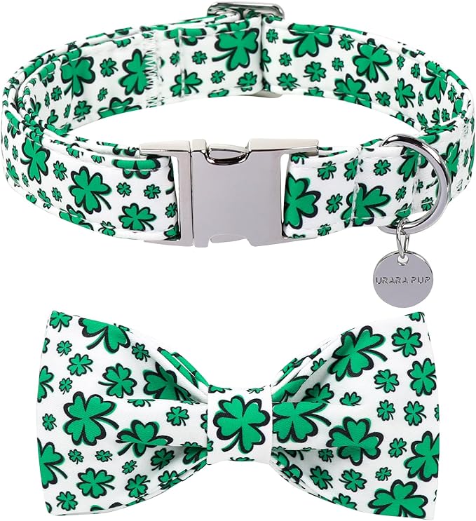 St. Patrick's Day Dog Collar with Bow Tie, Cotton St. Patrick's Day Bowtie Collar for Girl Boy Dog, Lucky Shamrock Dog Collar with Metal Buckle, Spring, L