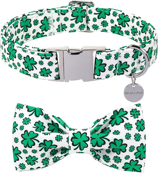 St. Patrick's Day Dog Collar with Bow Tie, Spring Shamrock Bowtie Collar for Girl Boy Dog, Lucky Clover Dog Collar with Metal Buckle, Green Collar for Dogs, S