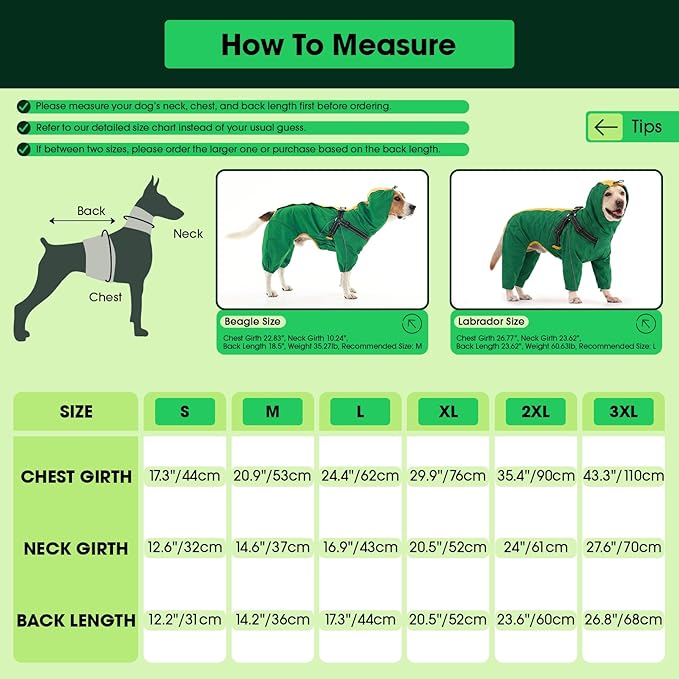 Lelepet Large Dog Raincoat, Rain Jacket Dog with Harness, Waterproof Reflective Coat with Adjustable Detachable Hood, Elastic Waist Zipper Hook and Loop Pet Raincoats, Green, XXL