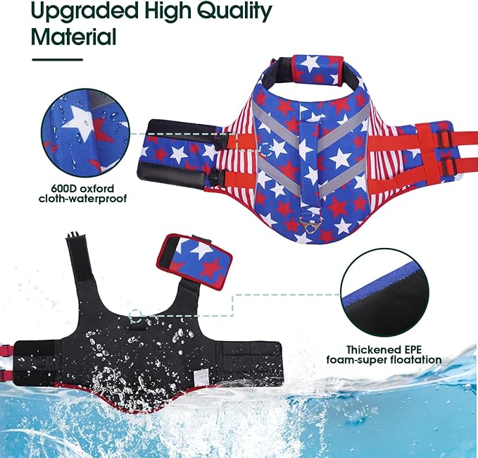 Kuoser Dog Life Jacket with Reflective Stripes, Dog Life Vest for Swimming Boating, Adjustable Pet Lifejackets with High Flotation, Doggie Swimsuit for Small Medium Large Dogs
