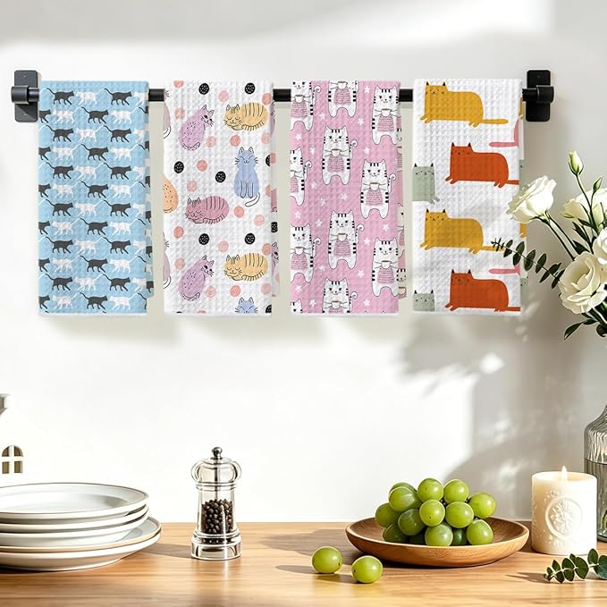 Hanamiya Na 4Pcs Cute Cat Kitchen Towels, Whimsical Decorative Absorbent Microfiber Dish Cloth Tea Towel, Durable Hand Towels for Farmhouse Home Bathroom, Cat Lover Gifts 2