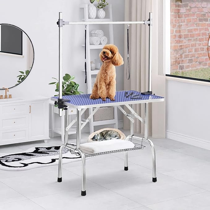 42 Inch Professional Adjustable Pet Grooming Table Heavy Duty with Arm Noose & Mesh Tray for Dog Cat Shower Table Maximum Capacity Up to 265Lb, Blue