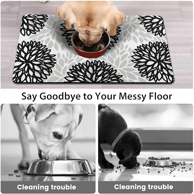 Dog Food Mats for Floors, Absorbent and Quick-Drying Pet Cat Food Mat,Anti-Fouling and Easy-to-Clean Pet Feeding Mat,Dog Bowl Mat for Messy Drinking Water Bowls.12x20, Bohemia Dahlia Floral Style