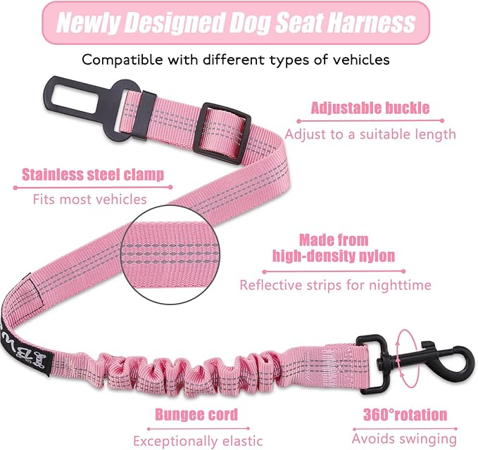IBWell Dog Seat Belt,3 Piece Set Retractable Dog Car Harness Adjustable Dog Seat Belt for Vehicle Nylon Pet Safety Seat Belts Heavy Duty & Elastic (Black & Pink)