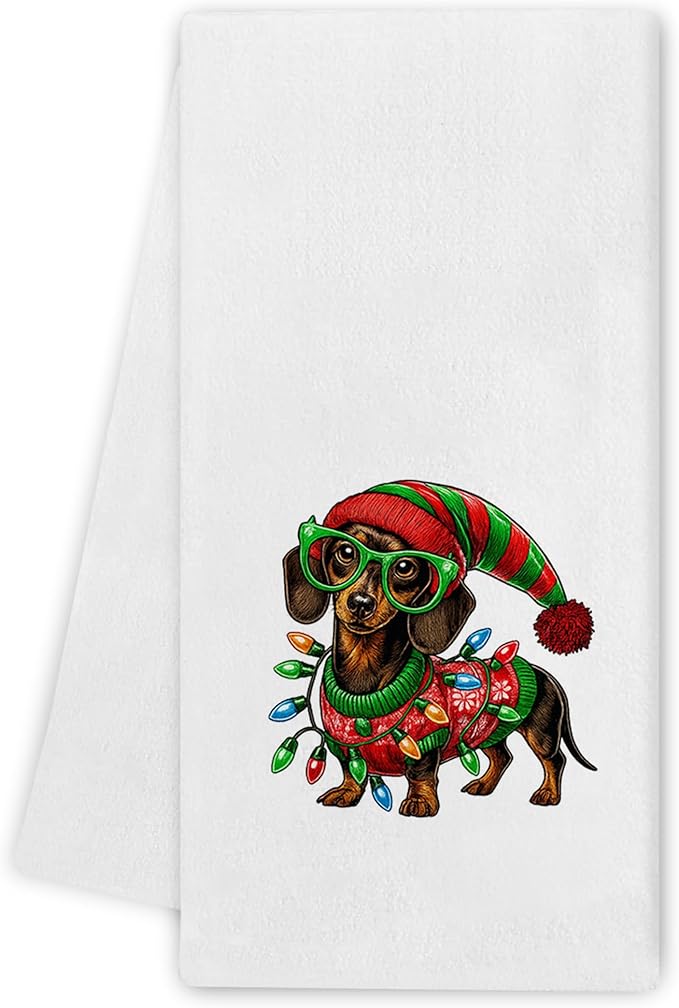 Dachshund Christmas Kitchen Towels - Funny Wiener Dog Navidad Decor, Dachshund Lovers Gifts, Sausage Dog Christmas Hand Towels Dishcloth for Kitchen Bathroom Decorative, 16x24 Inch