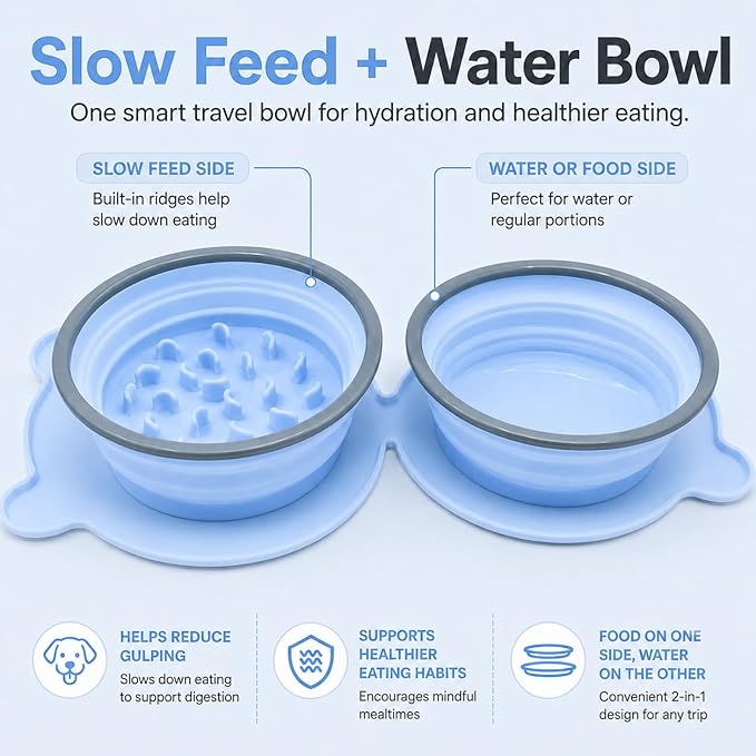 Collapsible Dog Bowls, 2-in-1 Silicone Pet Food and Water Bowl with Carabiner - Portable Double Compartment Travel Dish for Dogs, Ideal for Camping, Hiking (Light Blue)
