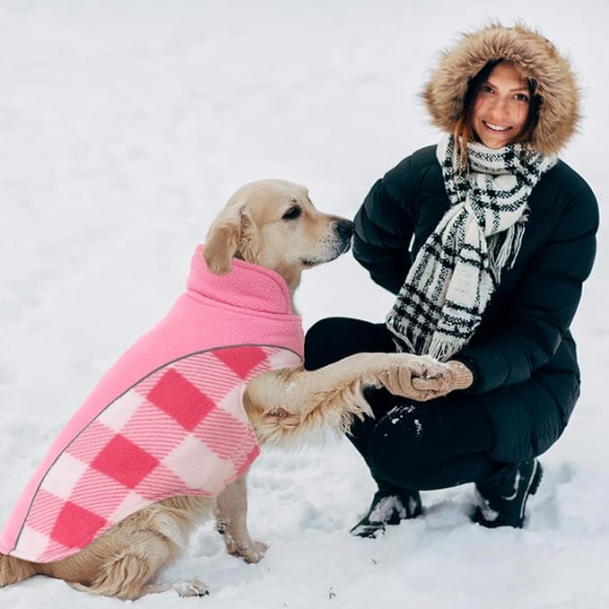 Kuoser Dog Winter Coat, Reversible Waterproof Dog Jacket with Reflective Strip, Warm Dogs Fleece Vest Adjustable Doggy Cold Weather Clothes Plaid Christmas Outfit Pet Apparel for Medium Dogs, Pink M