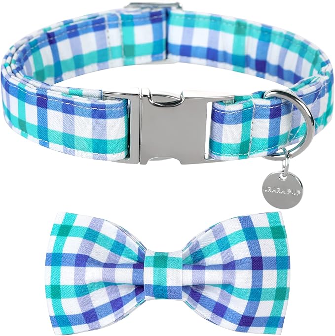 Dog Collar Bow Tie, Comfortable Durable Cotton Bowtie Collar for X-Large Girl Boy Dog, Adorable Dog Collar with Metal Buckle, Blue Grid Gift Collar, XL