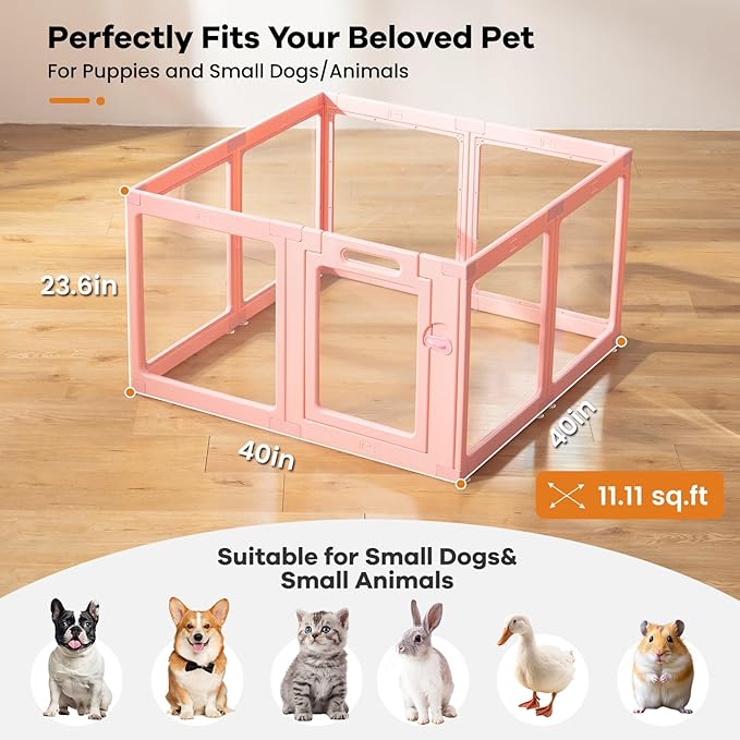 Clear Acrylic Dog Playpen Indoor, Puppy Cat Small Pet Play Pen, Pet Cat Playpen for Rabbits, Dog Fence Crate Kennel Whelping Cage (Pink, 8 Panel)
