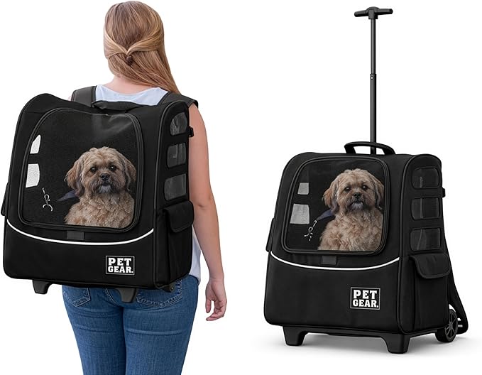 Pet Gear I-GO2 Plus Traveler Roller Backpack, Travel Carrier, Car Seat for Cats/Dogs, Mesh Ventilation, Included Tether, Telescoping Handle, Storage Pouch, Dark Charcoal Plus