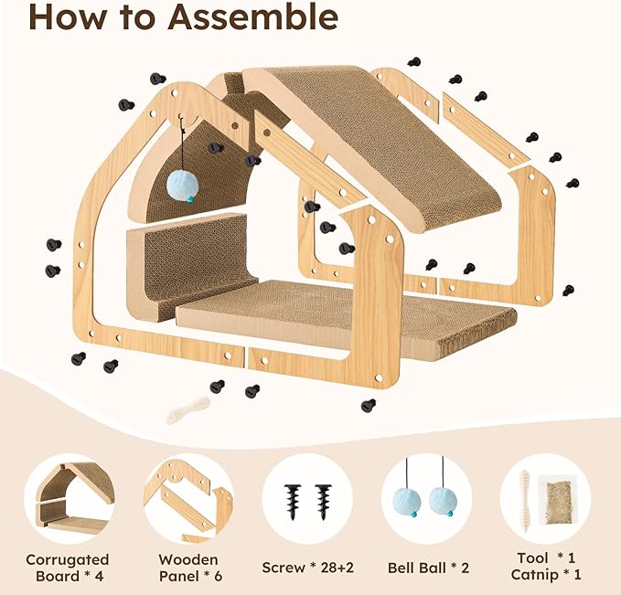 ZOMISIA 20'' Cardboard Cat Scratcher House - Large Cat Scratching Board with Balls, Cat Lounger as Tunnel for Indoor Cats and Kittens, Safe & Secure, Brown