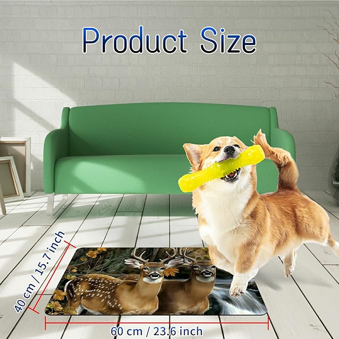 Dog Food Mat, 15.7" x 23.6" Absorbent Pet Feeding Mat for Food and Water, Waterproof Diatom Mud Pet Placemat with Non-Slip Rubber Backing, Easy Clean Cat Bowl Mat for Floors - Forest Deer