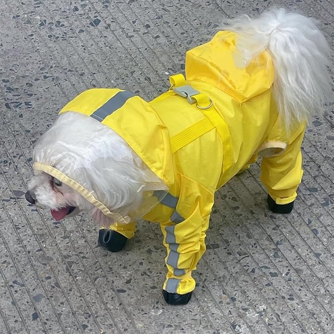Waterproof Dog Raincoat,Full Coverage 4 Legs Dog Rain Jacket for Small Dogs,Pet Rain Coat with Hood,Reflective Strips&Leash Hole Outdoor Raincoat (X-Large（for Weight 11.1-14.6 lb）, Yellow)