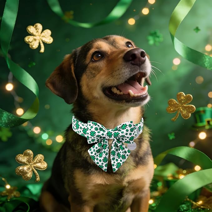 St. Patrick's Day Dog Collar with Bow Tie, Lucky Shamrock Bowtie Collar Adjustable for Girl Boy Dog, Trefoil Dog Collar Durable, Spring Green Collar for Dogs, XS