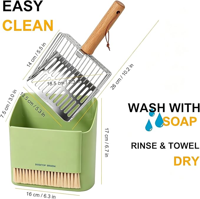 Dreamoon Cat Litter Scoop with Holder, Heavy Duty Stainless Steel Kitty Litter Scooper with Coarse and Fine Mesh, Includes Broom and Dustpan Set, Quick Sift and Easy Clean, Green