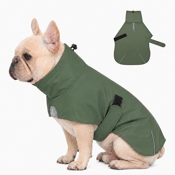 PU Dog Raincoat, Non-Toxic & Odorless Waterproof Vest, Adjustable High Neck and Hook & Loop Belly Closure for Rainy Potty Breaks & Wet Weather Outdoor Walks (Olive Green, X-Small)
