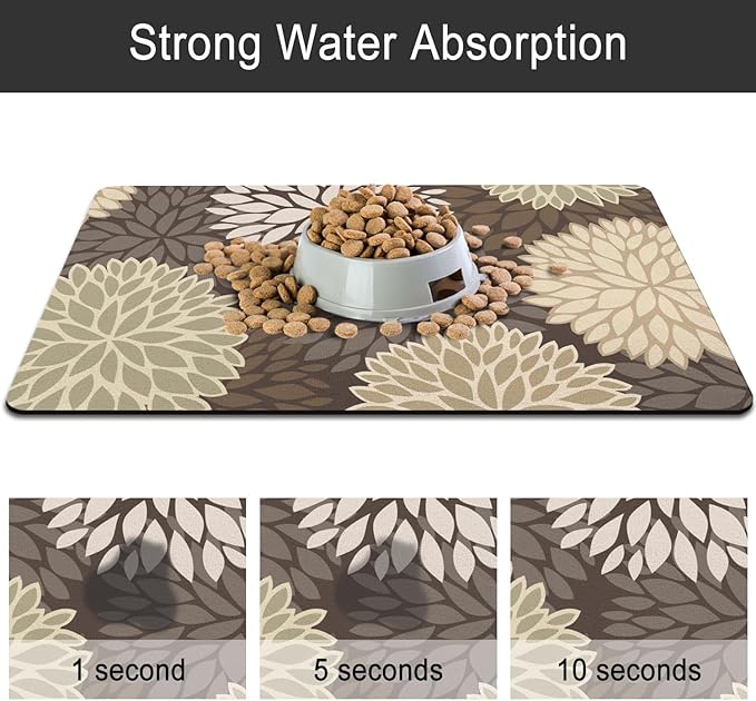 Dog Food Mats for Floors, Absorbent and Quick-Drying Pet Cat Food Mat,Anti-Fouling and Easy-to-Clean Pet Feeding Mat,Dog Bowl Mat for Messy Drinking Water Bowls.12x20, Bohemia Dahlia Floral Style