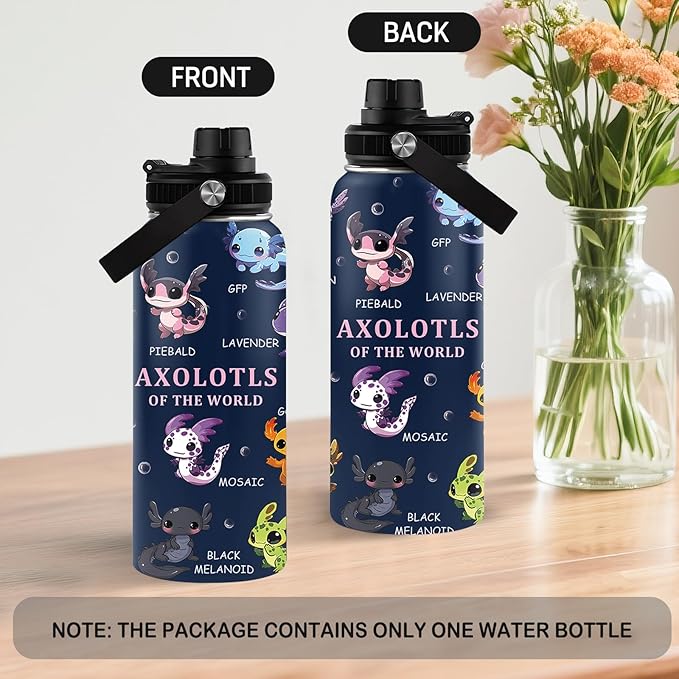 Axolotl Gifts, 32 oz Insulated Water Bottle, Double Wall Vacuum Stainless Steel Water Bottles, Cute Axolotl Water Bottles for Sports Travel, Gifts for Girls Women (1pcs)