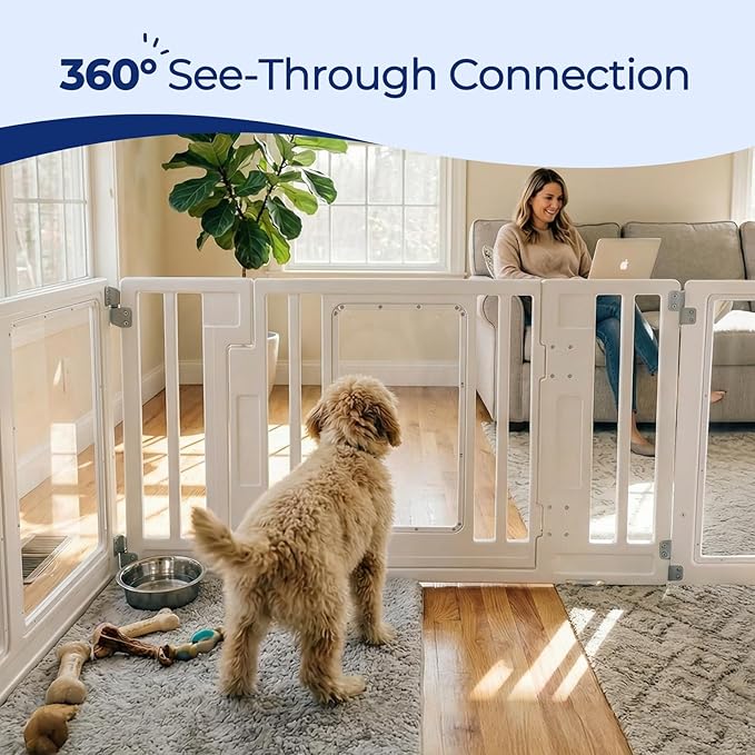 Clear Acrylic Dog Playpen with Door, Transparent Puppy Playpen for Small and Medium Puppies, Easy Assemble Pet Fence Indoor with Safety Lock (White, 69.3 x 69.3 x 22.4 Inch)