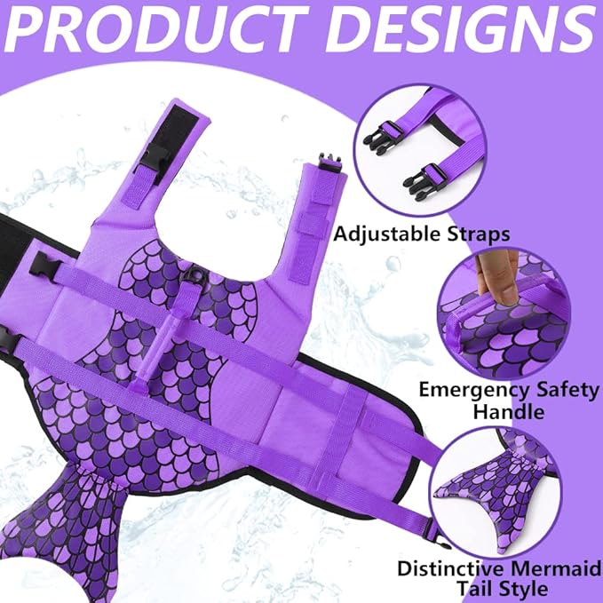 EMUST Dog Life Vests, Dog Life Preserver for Swimming, Boat, Pool, Ripstop Pet Water Vest with High Buoyancy and Lift Handle for Small and Medium Breeds, PurpleMermaid, M