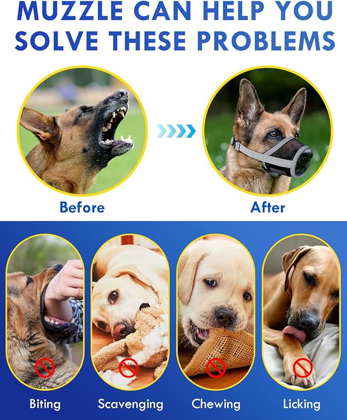 Dog Muzzle, Soft Air Mesh Muzzles for Extra Large Dogs, Breathable Dog Mussels for Scavenging Biting Licking & Barking, Adjustable Mouth Guard for Grooming, Allows Panting and Drinking (Grey,XL)