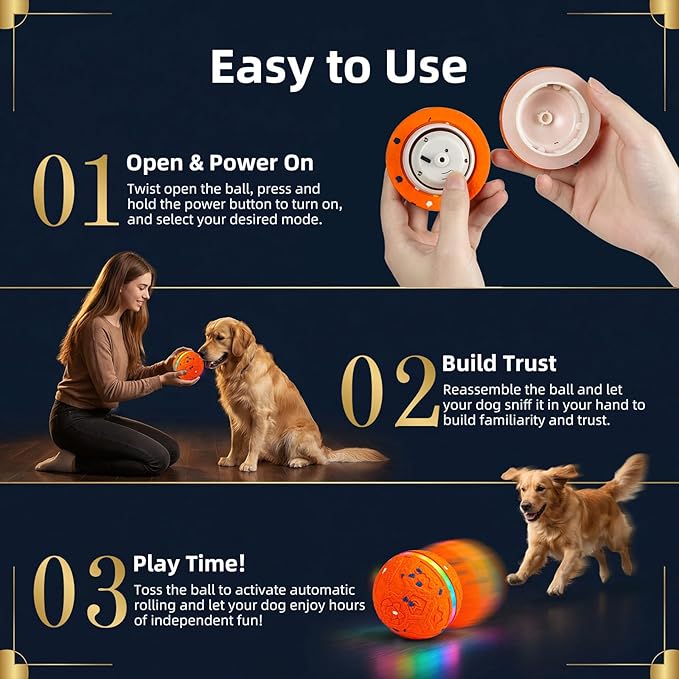 Interactive Dog Ball Toy, Durable E-TPU Material, 3 Play Modes with Colorful Lights, Automatic Moving, Bouncing and Rotating for Medium and Large Dogs Indoor & Outdoor (Orange)