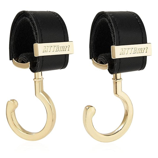 2 Pack Stroller Hooks,Strong Synthetic Leather Hook-and-Loop Fastener&High-Quality Metal Hooks,Universal Bag Clip|360° Rotation, 66lb Capacity,Non-Slip-Fits Wheelchair(Black-Gold)