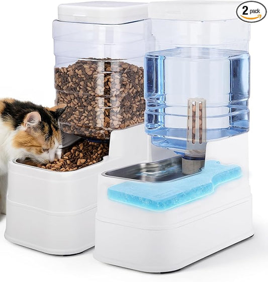 2 Pack Automatic Cat Feeder and Water Dispenser 1.3Gallon Dog Gravity Food Feeder and Water with Ice Pack Stainless Steel Dry Food and Waterer Bowl for Small Medium Large Pets (White)