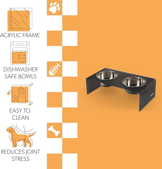 THE LICKER Store DBL2001J Keaton 7.5" Medium/Large Modern Acrylic Rectangular Elevated Pet Feeder with 54oz 2-Stainless Steel Bowls, Dark Gray/Chrome
