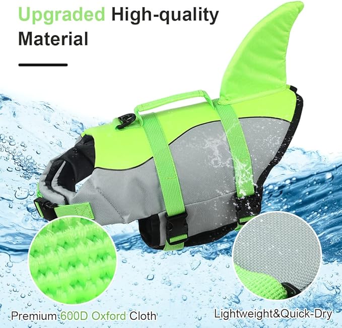 EMUST Dog Life Jacket, Ripstop Dog Lifesaver Vests with Rescue Handle for Small Medium and Large Dogs, Pet Safety Swimsuit Preserver for Swimming Pool Beach Boating (XS,Green)