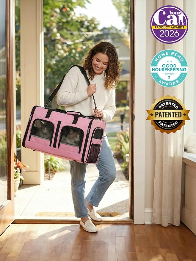 Extra Large 3-in-1 Cat Carrier for 2 Cats, with Removable Divider, Superior Ventilation, Portable Soft Sided Double Cat Carrier Large, Hair Removal Glove, 2*Bowl, Extra Side Storage Bag Included