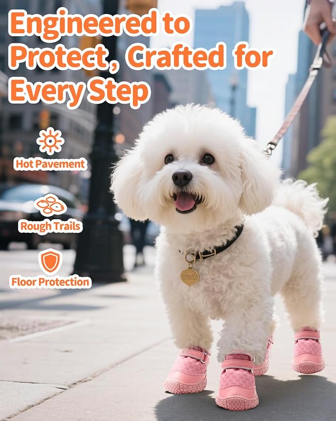 Petanims Dog Shoes for Small Dogs, Double Binding Straps Puppy Boots & Paw Protectors for Summer Hot Pavement, Winter Snow, Dog Booties with Anti-Slip Rubber Soles for Beach Hardwood Floor Pink Size 3