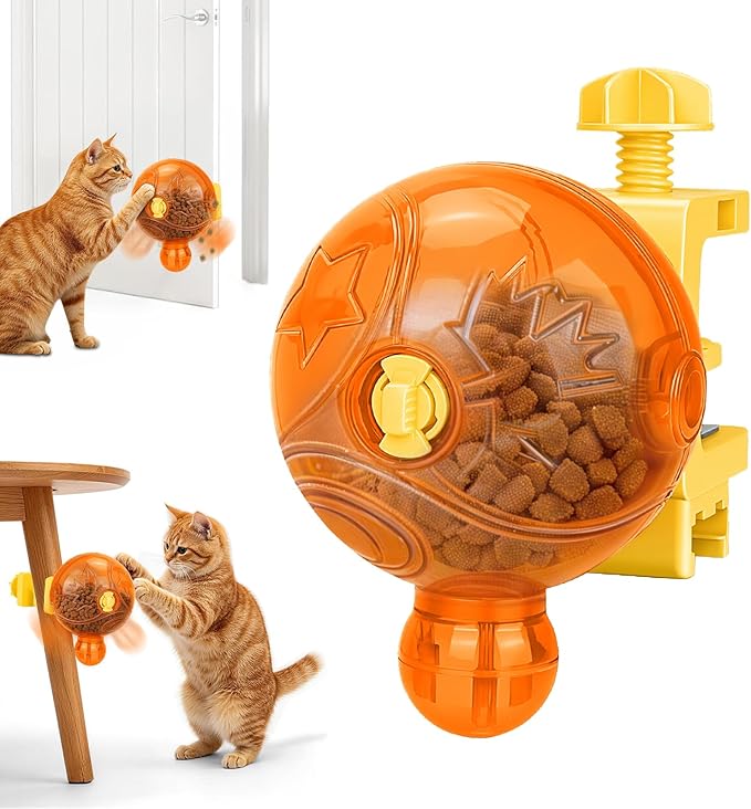 Cat Slow Feeder Puzzle Toy with Clamp Mount, Interactive Spinning Ball Treat Dispenser, Adjustable Feeding Openings for Dry Food, Enrichment Food Dispenser for Indoor/Outdoor, Cats/Small Dogs