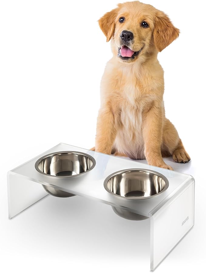 THE LICKER Store DBL2000K Keaton 5" Small/Medium Modern Acrylic Rectangular Elevated Pet Feeder with 20oz 2-Stainless Steel Bowls, Moon White/Chrome