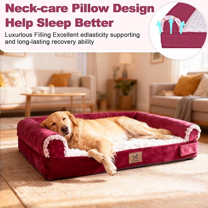 XXL Orthopedic Dog Bed - Breathable Egg-Crate Foam Sofa Couch with Bolster, Water-Resistant Liner & Washable Rose Velvet - Ideal for German Shepherds, Boxers, Rose Pink, (48'' x 30'')