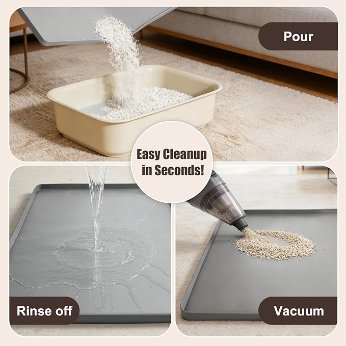 Silicone Cat Litter Mat 24x20 in Waterproof Litter Box Mat Leak-Proof Thick Under Kitty Litter Box Feeding Tray with Raised Edges for Floor Carpet, Grey