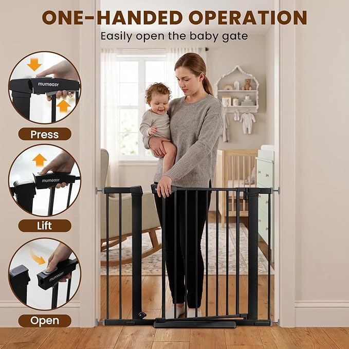 Mumeasy 29.7-40.6" Baby Gate for Stairs, Auto Close Dog Gate for Doorways, Pressure Mounted No Drill Pet Gate with Easy Walk Thru Door, Double Lock, Black