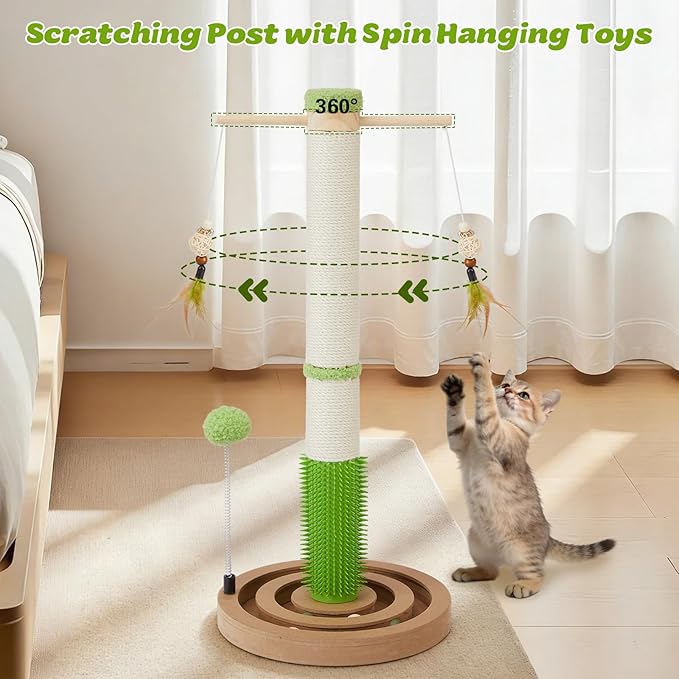 Cat Scratching Post, 26 Inch Tall Scratching Posts for Indoor Small Cats and Kittens, Sisal Cat Scratch Post with Hanging Toys, Rubber Brush and Double-Layer Interactive Wooden Ball Track