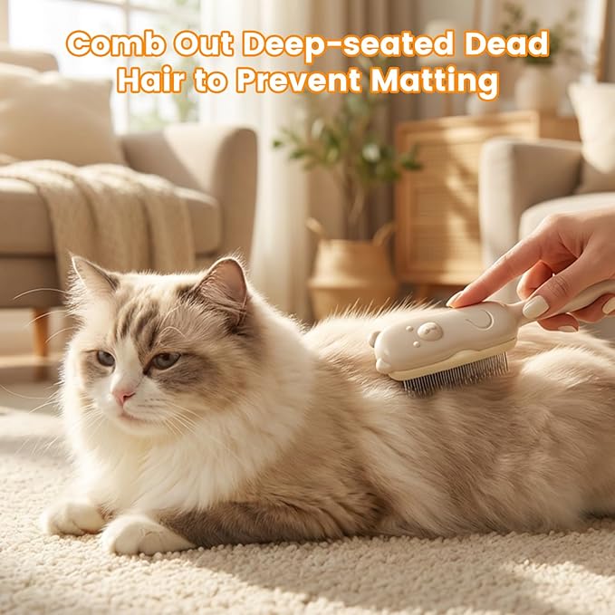 Self-Cleaning Pet Grooming Brush for Dogs & Cats - One-Click Hair Release Button, Stainless Steel Rounded Teeth, Ivory White Brush for Removing Loose Fur, Knots & Dander White