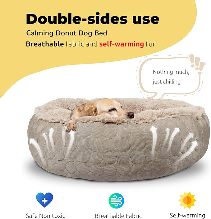 HachiKitty Dog Donut Round Calming Bed, Fluffy Bed for Medium Large Dogs, Double Sided Available with Warm & Cool Sides (30"x30"x9", Taupe)