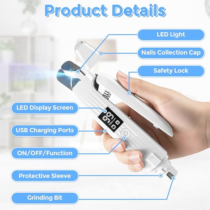 2-in-1 Led Cat Dog Nail Grinder - Rechargeable Pet Nail Trimmers with LED Light,300mAh Battery Quick USB Charge for Medium Small Dogs Cats Rabbits