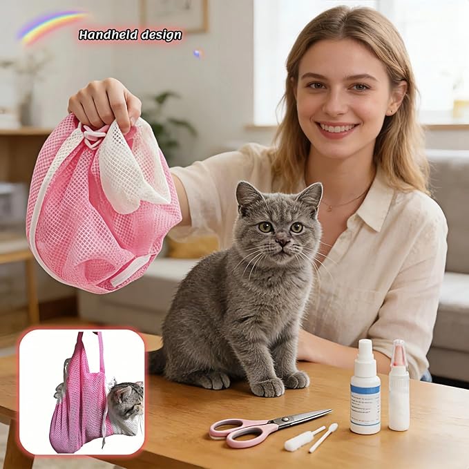 Cat Grooming Restraint Bag with Adjustable Drawstrings, Pink Mesh Bath Bag for Bathing, Nail Trimming, Ear Cleaning, Breathable Polyester with Zipper Design and Handheld Design (Pink)