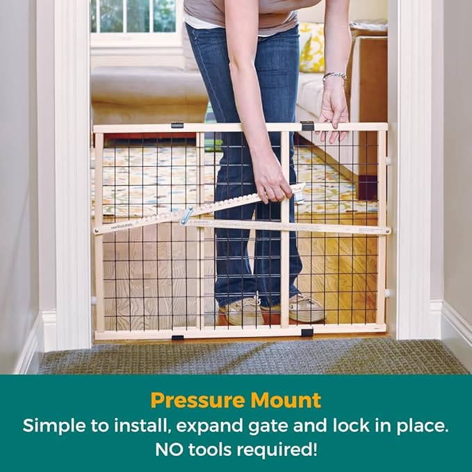 MYPET Wire Mesh Dog Gate: 26.5"-42" Wide Pressure Mounted with No Tools; Expandable, Durable Pet Gates for Doors and Hallways, 23" Tall, Made with Sustainable Hardwood