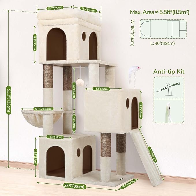 Globlazer 52in Cat Tower for Multiple Indoor Cats, Heavy Duty Multi-Level Cat Tree with 3 Cozy Condos, 4 Natural Sisal Scratching Posts and Cozy Basket Bowl, F52B, Beige