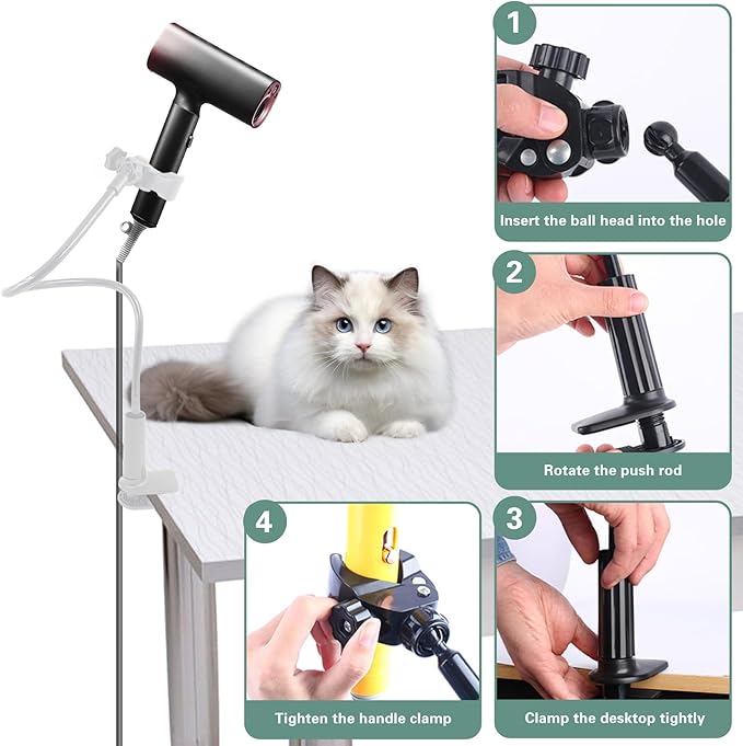 Dog Hair Dryer Holder, Alloy Adjustable Lazy Hair Dryer Hands Free Stand with 360° Rotatable Clamp for Pet Dog Cat Grooming (White)