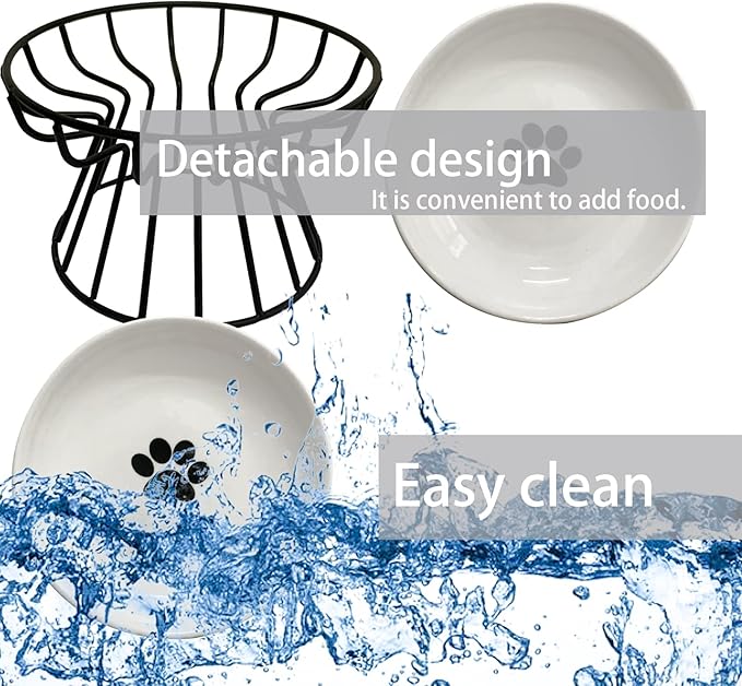 Ceramic Cat Bowls with Metal Stand,Elevated Cat Bowl Raised Kitten Food&Water Feeding Shallow Dish for Indoor Cats,Puppies,Small Dogs(Black)