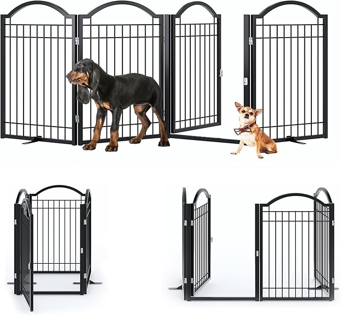 BHG Metal No-Assembly Freestanding Dog Gate with Door Walk Through, Extra Wide 96", Extra Tall 32" Pet Gate, Accordion Puppy Folding Playpen Dog Fence, with 2PCS Support (Black, 4 Panels)