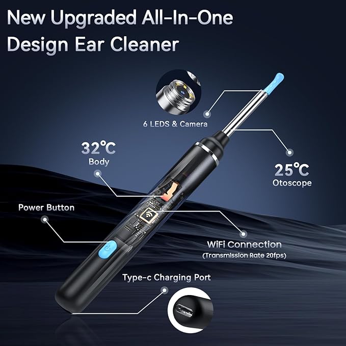 Tomaje Ear Wax Removal Tool Camera, Ear Cleaner with Camera, Ear Wax Removal Kit, 1080P HD Ear Camera, Earwax Removal Kit with Camera and 6 LED Light, 6 Ear Pick & Ear Set for iOS & Android, Black