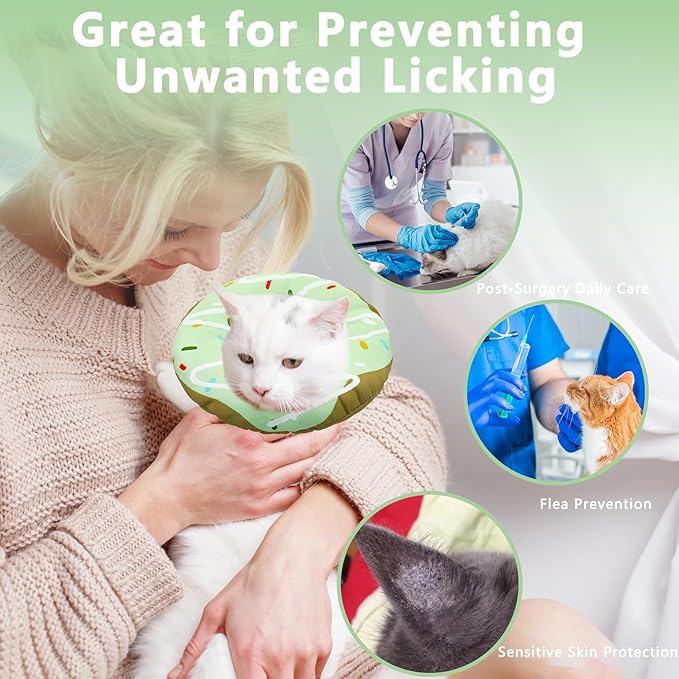Seyezo Cat Cone Collar Soft, Adjustable Cat Recovery Collar Kitten Cones to Stop Licking, Cute Donut E Collar After Surgery, Cats Neck Pillow Cone Elizabethan Cones of Shame (Waterproof Green, Small)